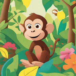 A playful and curious monkey named George exploring a colorful jungle, interacting with various animals and plants