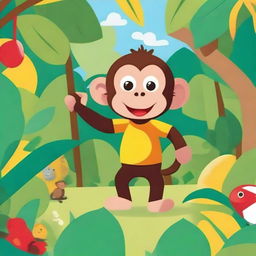 A playful and curious monkey named George exploring a colorful jungle, interacting with various animals and plants