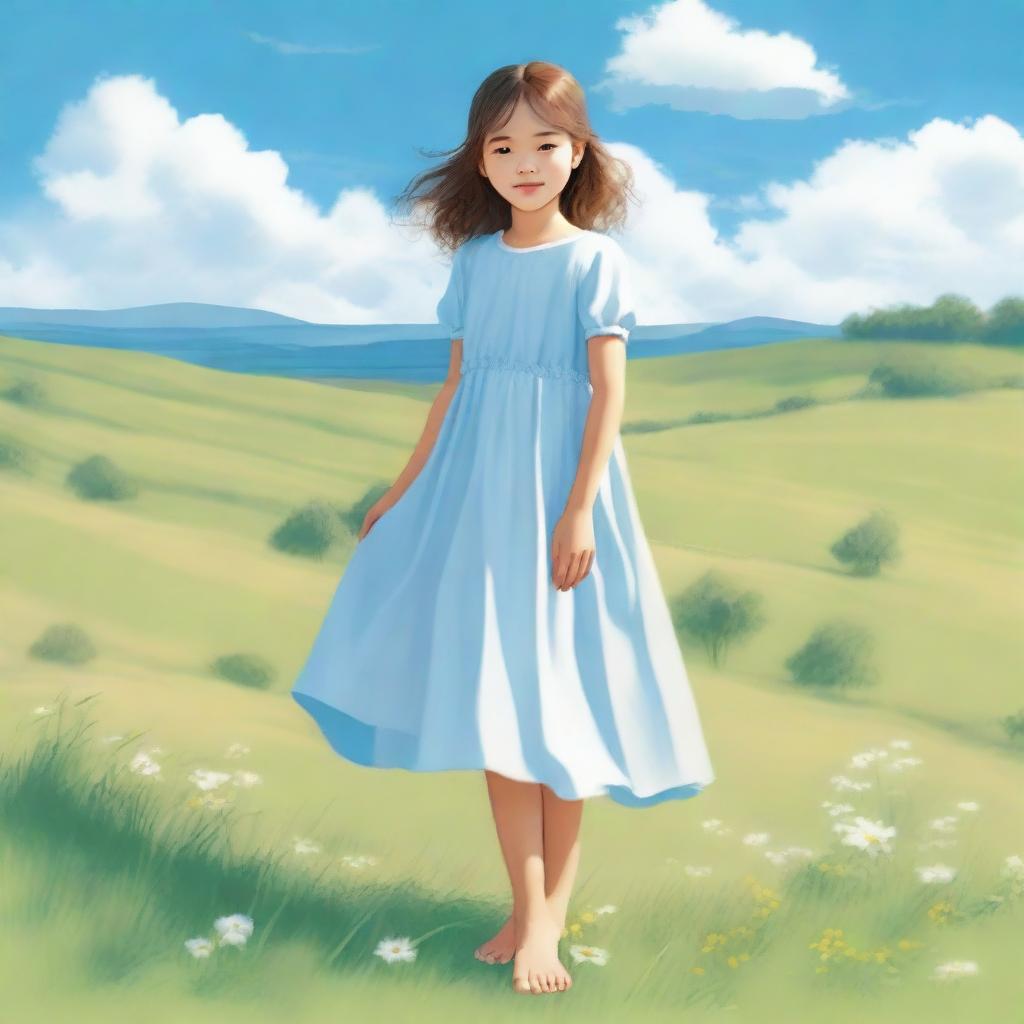 A girl is standing in a peaceful meadow with a bright blue sky and fluffy white clouds