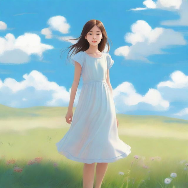 A girl is standing in a peaceful meadow with a bright blue sky and fluffy white clouds