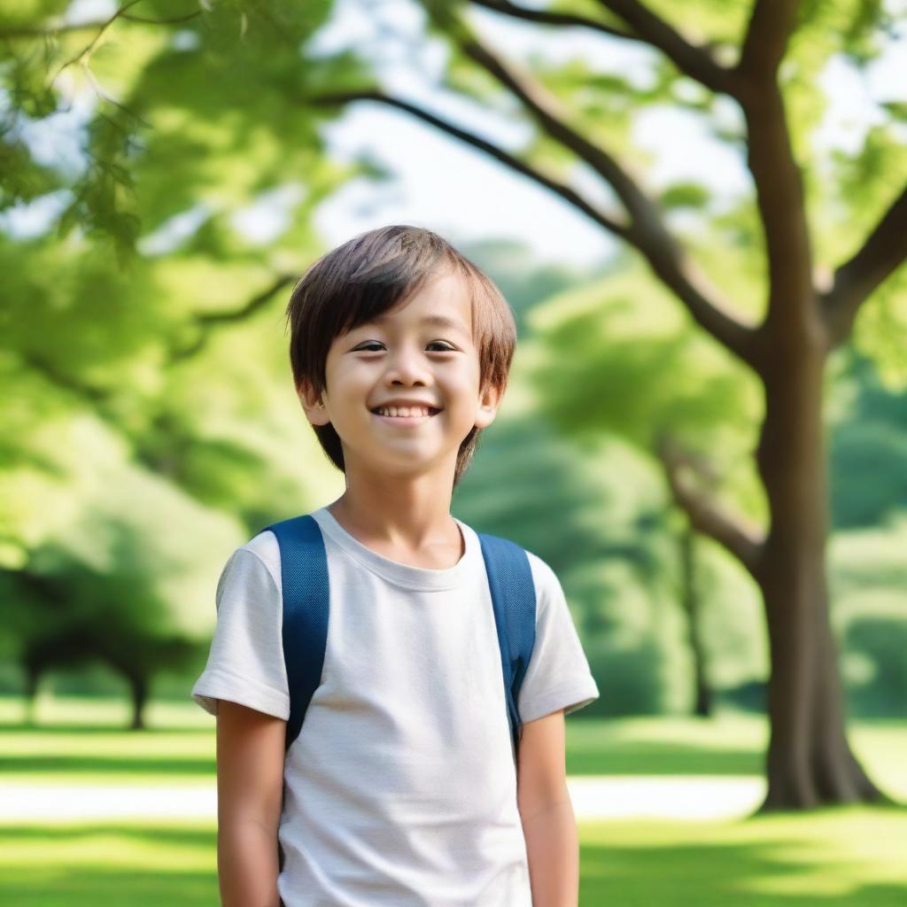 A young boy is standing in a serene park, surrounded by lush green trees and a clear blue sky