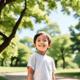 A young boy is standing in a serene park, surrounded by lush green trees and a clear blue sky