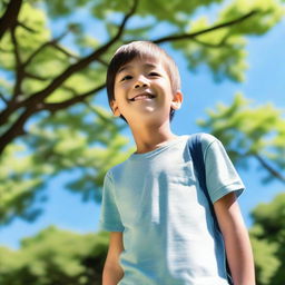 A young boy is standing in a serene park, surrounded by lush green trees and a clear blue sky