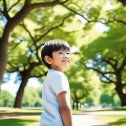 A young boy is standing in a serene park, surrounded by lush green trees and a clear blue sky