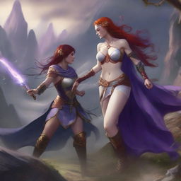 A detailed battle scene featuring a full-body freckled red-haired priestess wearing a white and gold thong, alongside a black-haired fair elven sorceress dressed in a purple and gold thong