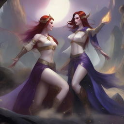 A detailed battle scene featuring a full-body freckled red-haired priestess wearing a white and gold thong, alongside a black-haired fair elven sorceress dressed in a purple and gold thong