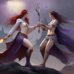 A detailed battle scene featuring a full-body freckled red-haired priestess wearing a white and gold thong, alongside a black-haired fair elven sorceress dressed in a purple and gold thong