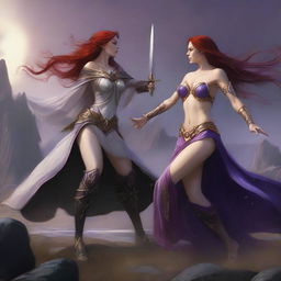 A detailed battle scene featuring a full-body freckled red-haired priestess wearing a white and gold thong, alongside a black-haired fair elven sorceress dressed in a purple and gold thong