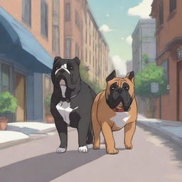 A realistic anime-style illustration of Molly, a brown-black English bulldog, and her best friend Argus, a black German shepherd, walking down a street