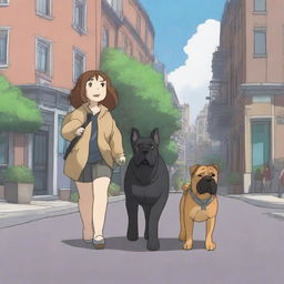 A realistic anime-style illustration of Molly, a brown-black English bulldog, and her best friend Argus, a black German shepherd, walking down a street