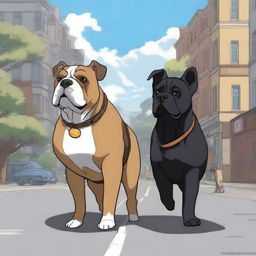 A realistic anime-style illustration of Molly, a brown-black English bulldog, and her best friend Argus, a black German shepherd, walking down a street