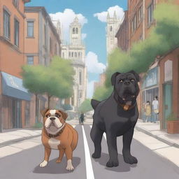 A realistic anime-style illustration of Molly, a brown-black English bulldog, and her best friend Argus, a black German shepherd, walking down a street