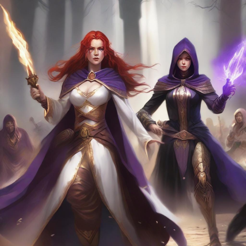 A full body illustration of a freckled red-haired priestess in a white and gold outfit alongside a black-haired fair elven sorceress in a purple and gold outfit, both engaged in a fierce battle against a horde of goblins