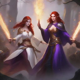 A full body illustration of a freckled red-haired priestess in a white and gold outfit alongside a black-haired fair elven sorceress in a purple and gold outfit, both engaged in a fierce battle against a horde of goblins