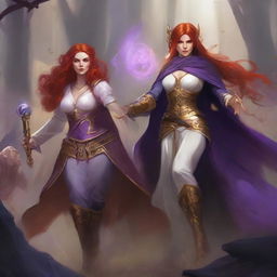 A full body illustration of a freckled red-haired priestess in a white and gold outfit alongside a black-haired fair elven sorceress in a purple and gold outfit, both engaged in a fierce battle against a horde of goblins