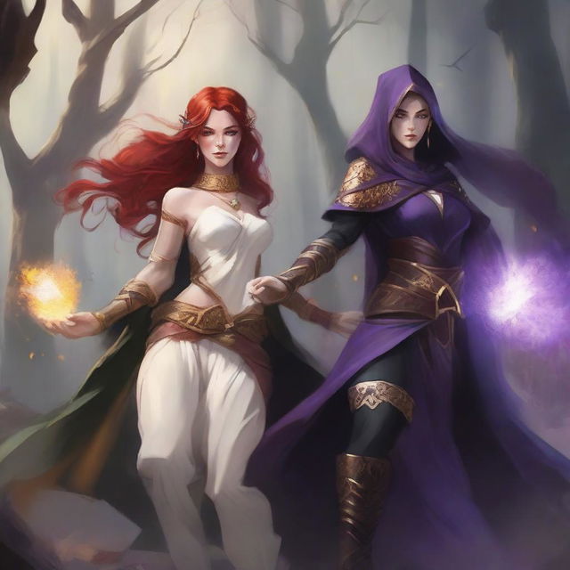 A full body illustration of a freckled red-haired priestess in a white and gold outfit alongside a black-haired fair elven sorceress in a purple and gold outfit, both engaged in a fierce battle against a horde of goblins