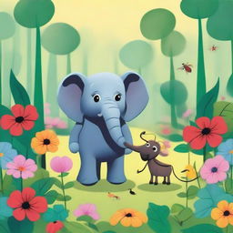 A whimsical scene featuring a small elephant and a big ant interacting in a friendly manner