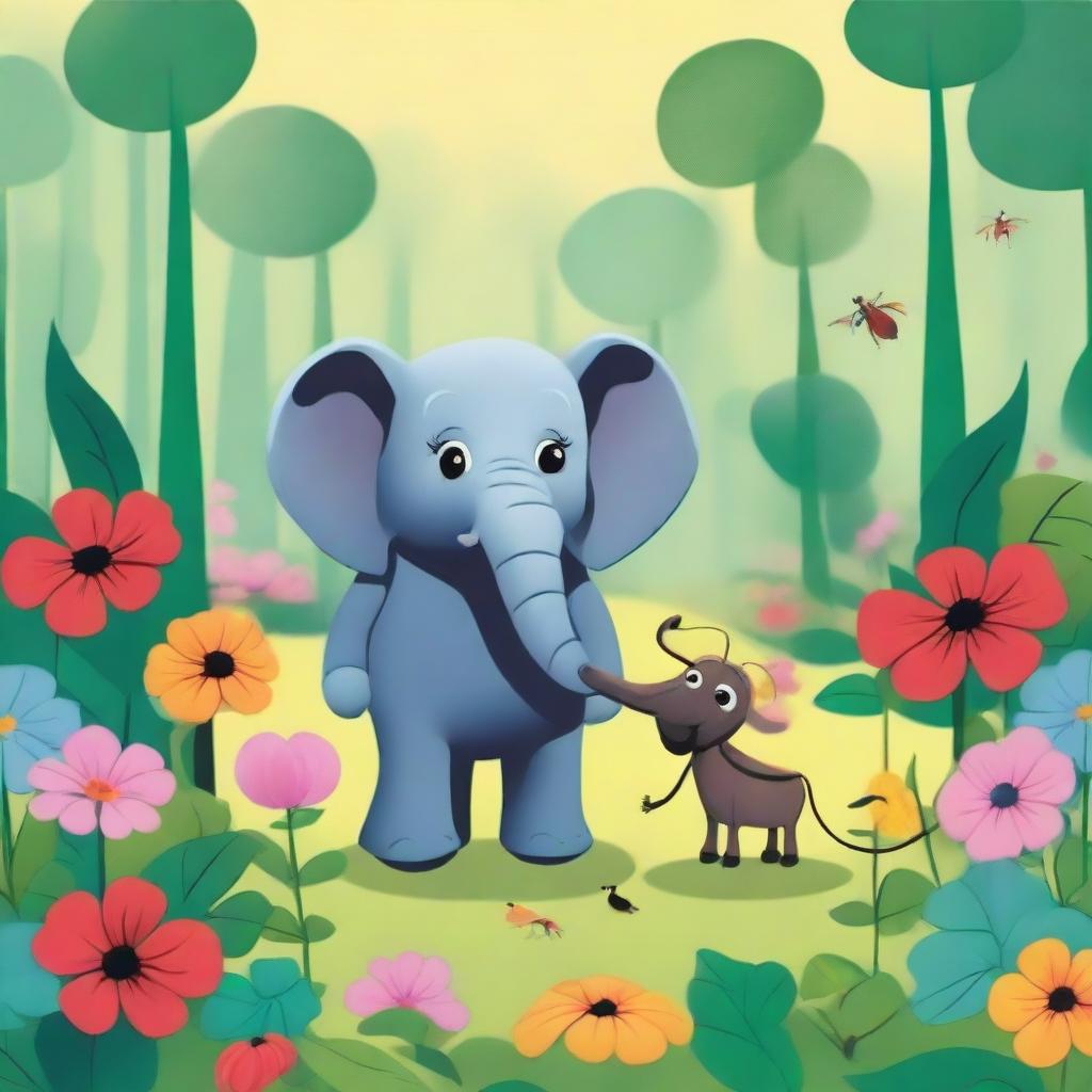 A whimsical scene featuring a small elephant and a big ant interacting in a friendly manner