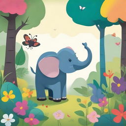 A whimsical scene featuring a small elephant and a big ant interacting in a friendly manner