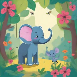 A whimsical scene featuring a small elephant and a big ant interacting in a friendly manner