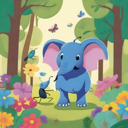 A whimsical scene featuring a small elephant and a big ant interacting in a friendly manner