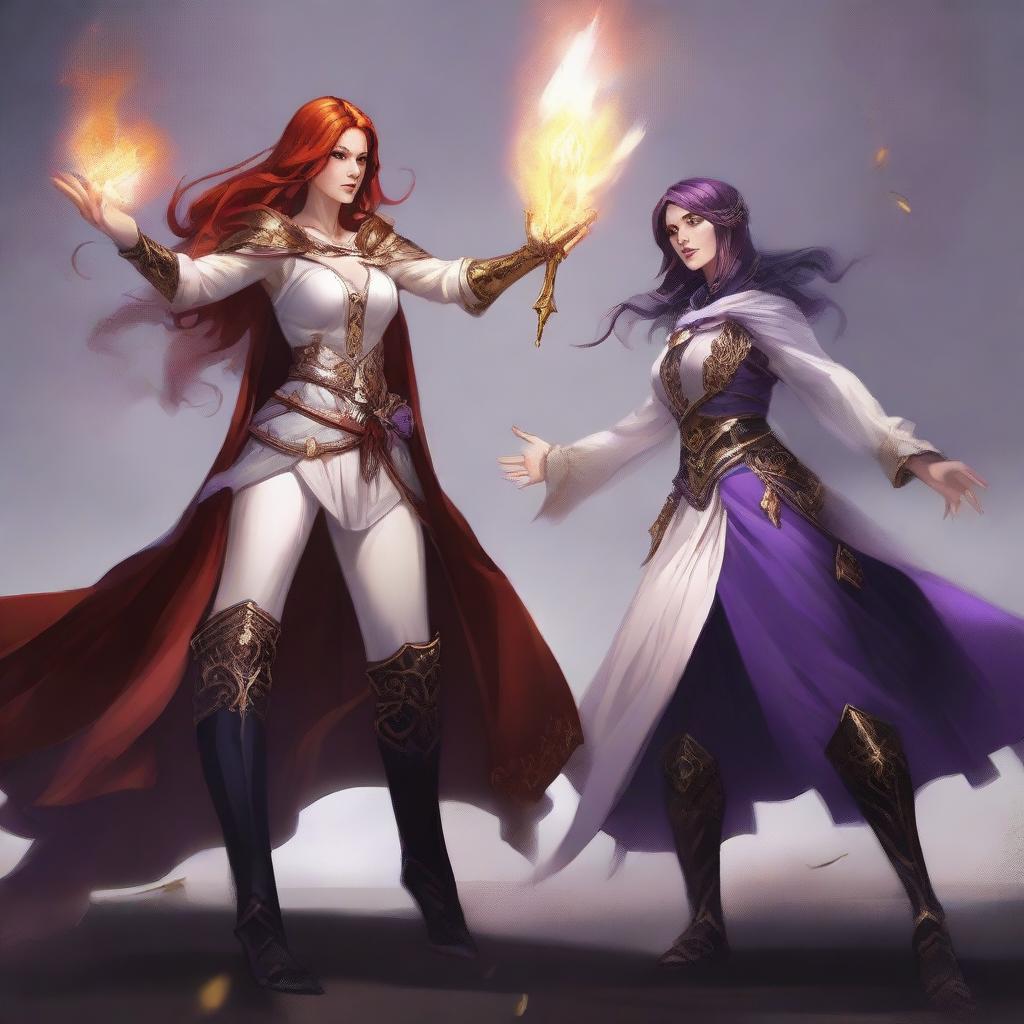 A full body illustration of a freckled red-haired priestess in a white and gold outfit alongside a black-haired fair elven sorceress in a purple and gold outfit, both engaged in a fierce battle against a menacing demon