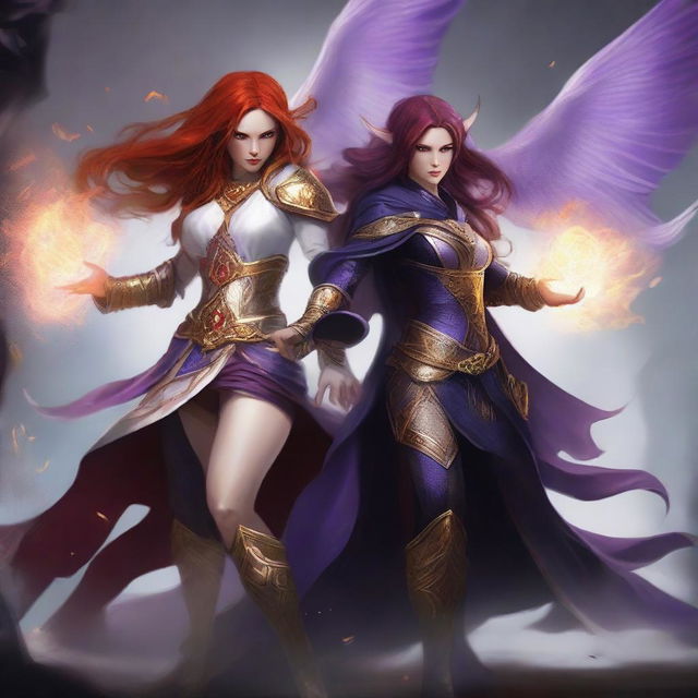 A full body illustration of a freckled red-haired priestess in a white and gold outfit alongside a black-haired fair elven sorceress in a purple and gold outfit, both engaged in a fierce battle against a menacing demon