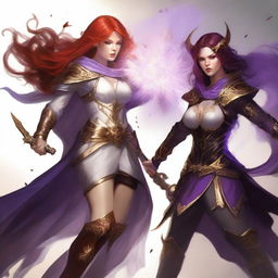 A full body illustration of a freckled red-haired priestess in a white and gold outfit alongside a black-haired fair elven sorceress in a purple and gold outfit, both engaged in a fierce battle against a menacing demon