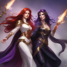 A full body illustration of a freckled red-haired priestess in a white and gold outfit alongside a black-haired fair elven sorceress in a purple and gold outfit, both engaged in a fierce battle against a menacing demon