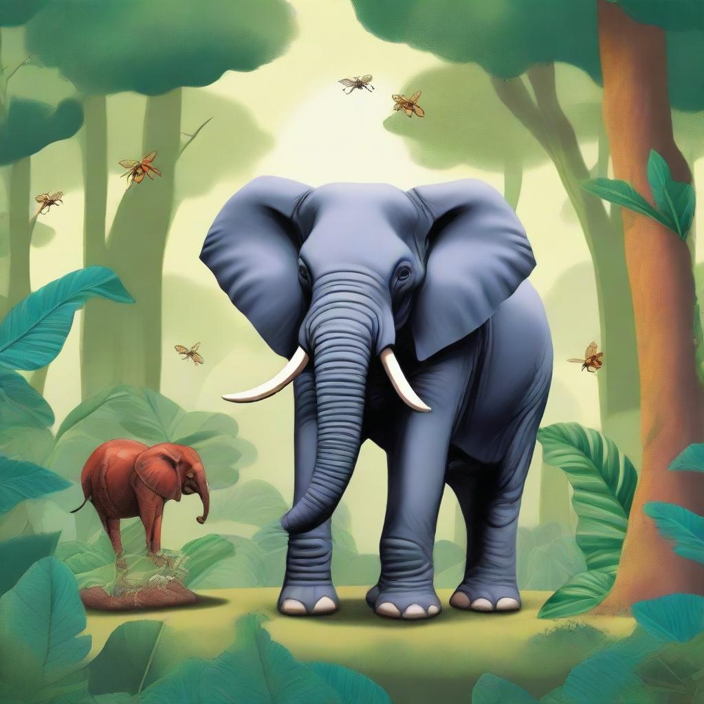 An imaginative scene where an elephant is depicted as smaller than an ant in height