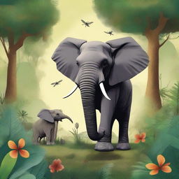 An imaginative scene where an elephant is depicted as smaller than an ant in height