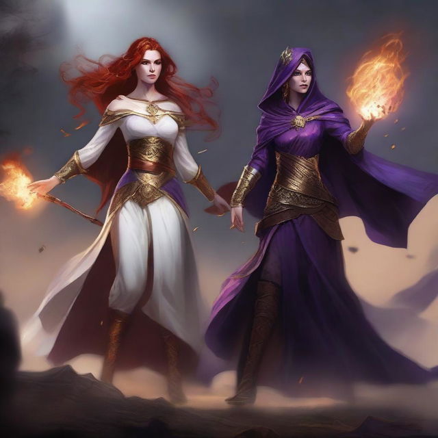 A Vallejo style full body illustration of a freckled red-haired priestess in a white and gold outfit alongside a black-haired fair elven sorceress in a purple and gold outfit, both engaged in a fierce battle against a menacing demon