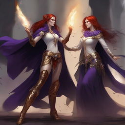 A Vallejo style full body illustration of a freckled red-haired priestess in a white and gold outfit alongside a black-haired fair elven sorceress in a purple and gold outfit, both engaged in a fierce battle against a menacing demon