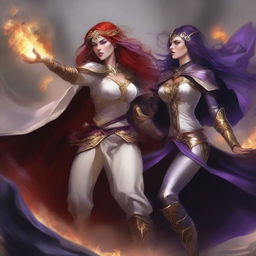 A Vallejo style full body illustration of a freckled red-haired priestess in a white and gold outfit alongside a black-haired fair elven sorceress in a purple and gold outfit, both engaged in a fierce battle against a menacing demon