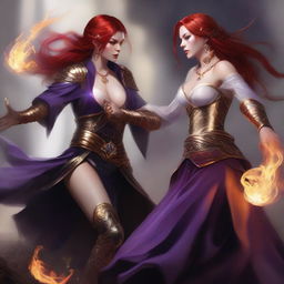 A Vallejo style full body illustration of a freckled red-haired priestess in a white and gold outfit alongside a black-haired fair elven sorceress in a purple and gold outfit, both engaged in a fierce battle against a menacing demon