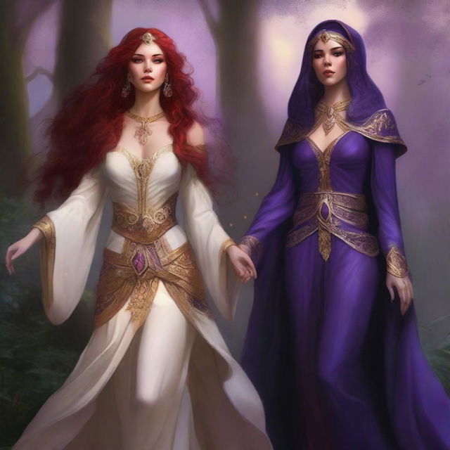 A Vallejo style full body illustration of a freckled red-haired priestess in a white and gold outfit alongside a black-haired fair elven sorceress in a purple and gold outfit