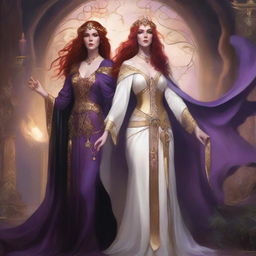 A Vallejo style full body illustration of a freckled red-haired priestess in a white and gold outfit alongside a black-haired fair elven sorceress in a purple and gold outfit