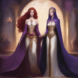 A Vallejo style full body illustration of a freckled red-haired priestess in a white and gold outfit alongside a black-haired fair elven sorceress in a purple and gold outfit