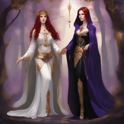 A Vallejo style full body illustration of a freckled red-haired priestess in a white and gold outfit alongside a black-haired fair elven sorceress in a purple and gold outfit