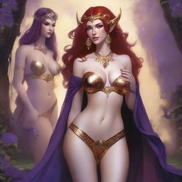 A Vallejo style full body illustration of a freckled red-haired priestess in a white and gold bikini alongside a black-haired fair elven sorceress in a purple and gold bikini