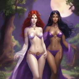 A Vallejo style full body illustration of a freckled red-haired priestess in a white and gold bikini alongside a black-haired fair elven sorceress in a purple and gold bikini