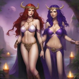 A Vallejo style full body illustration of a freckled red-haired priestess in a white and gold bikini alongside a black-haired fair elven sorceress in a purple and gold bikini