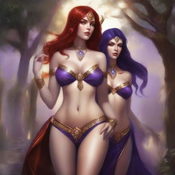 A Vallejo style full body illustration of a freckled red-haired priestess in a white and gold bikini alongside a black-haired fair elven sorceress in a purple and gold bikini