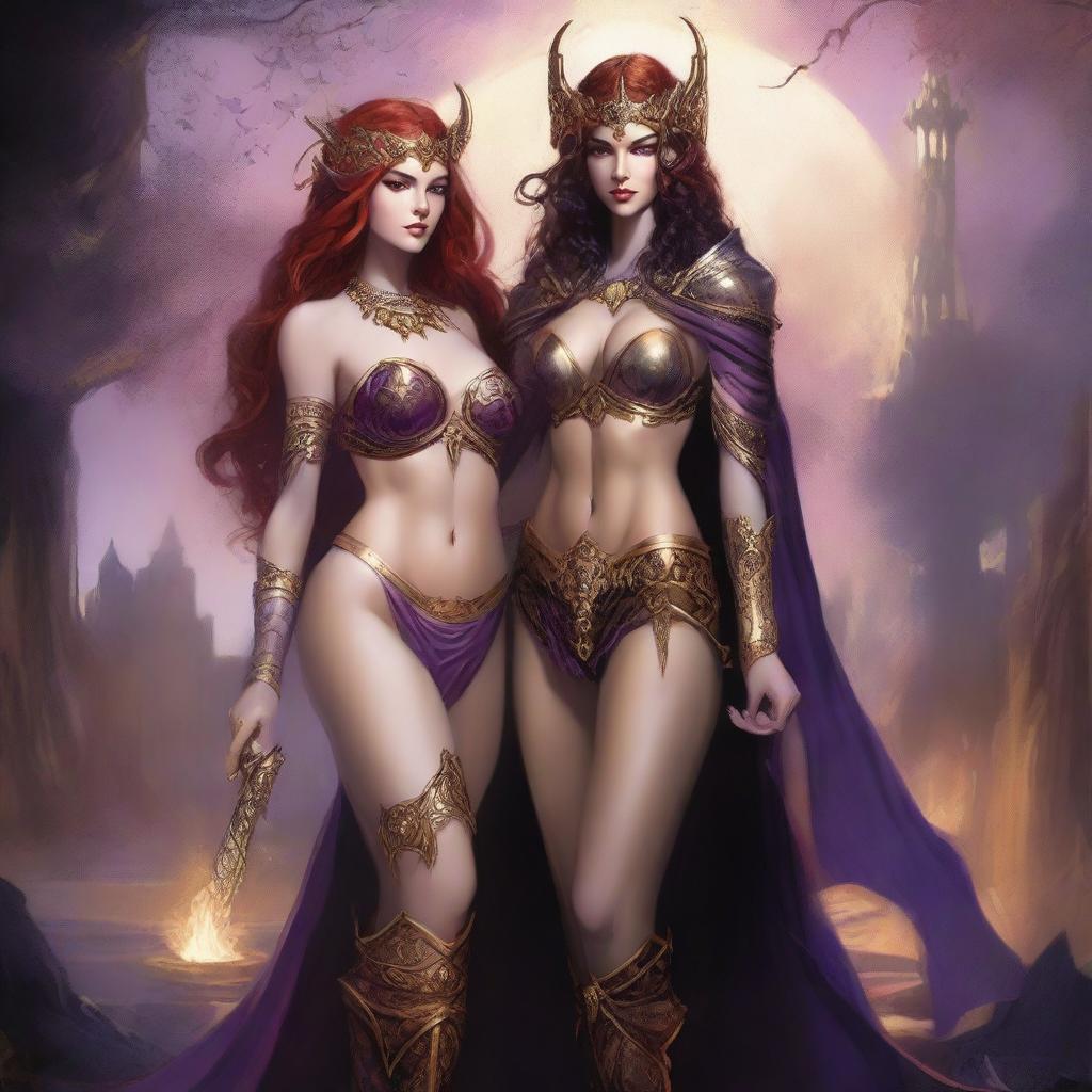 A Vallejo style full body illustration of a freckled red-haired priestess in white and gold bikini armor standing beside a black-haired fair elven sorceress in purple and gold bikini armor