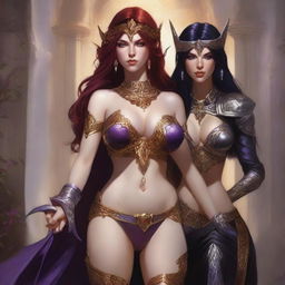 A Vallejo style full body illustration of a freckled red-haired priestess in white and gold bikini armor standing beside a black-haired fair elven sorceress in purple and gold bikini armor