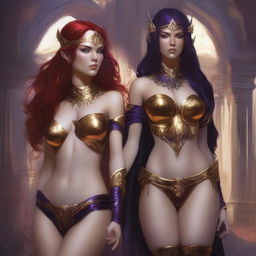 A Vallejo style full body illustration of a freckled red-haired priestess in white and gold bikini armor standing beside a black-haired fair elven sorceress in purple and gold bikini armor