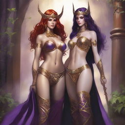 A Vallejo style full body illustration of a freckled red-haired priestess in white and gold bikini armor standing beside a black-haired fair elven sorceress in purple and gold bikini armor