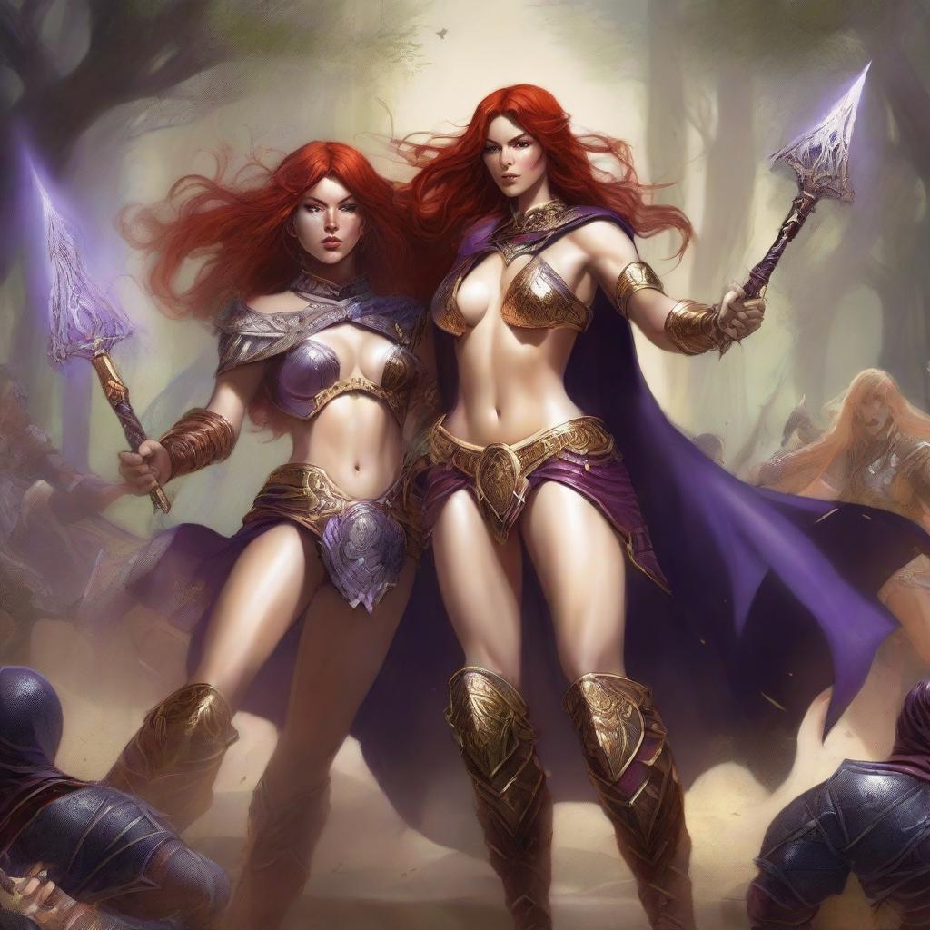 A Vallejo style full body illustration of a freckled red-haired priestess in white and gold bikini armor attacking alongside a black-haired fair elven sorceress in purple and gold bikini armor