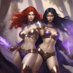 A Vallejo style full body illustration of a freckled red-haired priestess in white and gold bikini armor attacking alongside a black-haired fair elven sorceress in purple and gold bikini armor