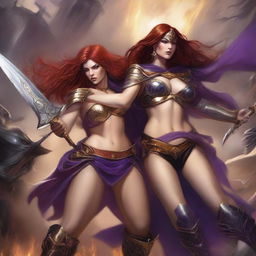 A Vallejo style full body illustration of a freckled red-haired priestess in white and gold bikini armor attacking alongside a black-haired fair elven sorceress in purple and gold bikini armor